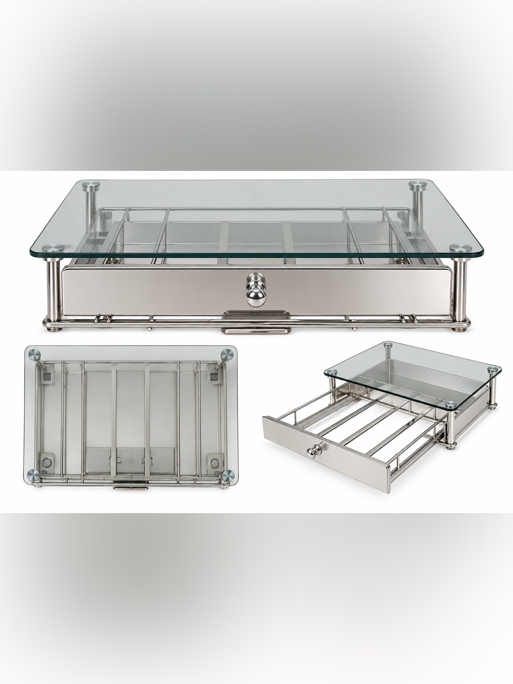 Brushed Nickel Glass Shelf for K cups sits under coffee pot